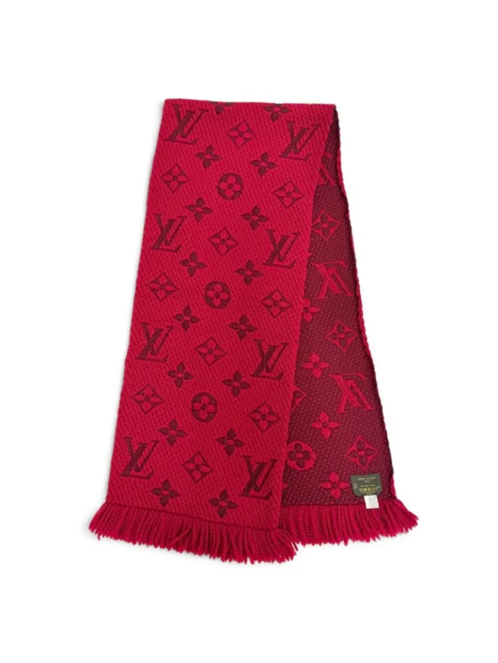 Louis Vuitton Echarpe Logo Mania Wool Silk Ruby Monogram Fringe Scarf